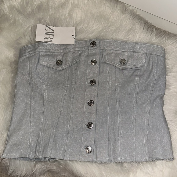 Zara Metallic Silver Denim Corset Top - Picture 4 of 6